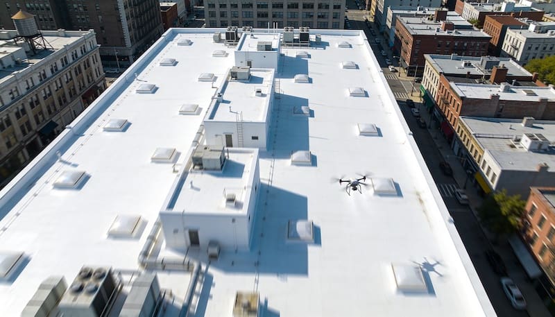 Aerial view of a white flat rooftop in a city, with HVAC units and a drone hovering above the center of the roof.